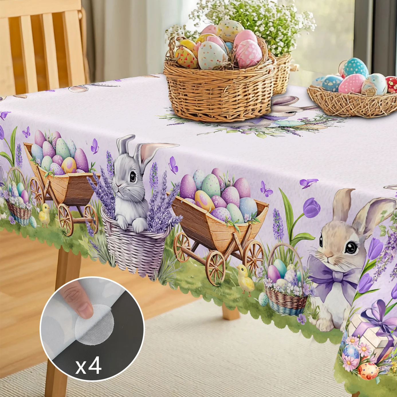 1 Easter Round Tablecloth, 5 Sizes Available, Lavender Easter Bunny Egg Print Tablecloth, Edge Embossing Process, Spring Garden Tablecloth Decoration, Tablecloth for Daily Home Kitchen, Terrace Use, Decoration