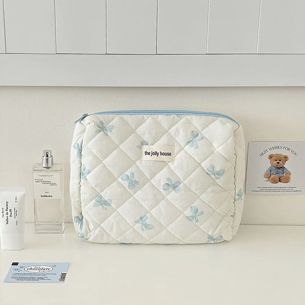 Charming Quilted Cotton Makeup Bag with Bow and Floral Accents
