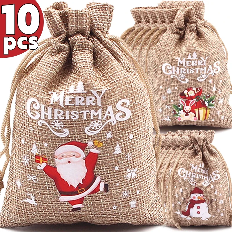 

Linen Merry Christmas Drawstring Bags for Xmas Party Candy Snack Gifts Wrapping Bag Santa Snowman Packaging Storage Gift Holders