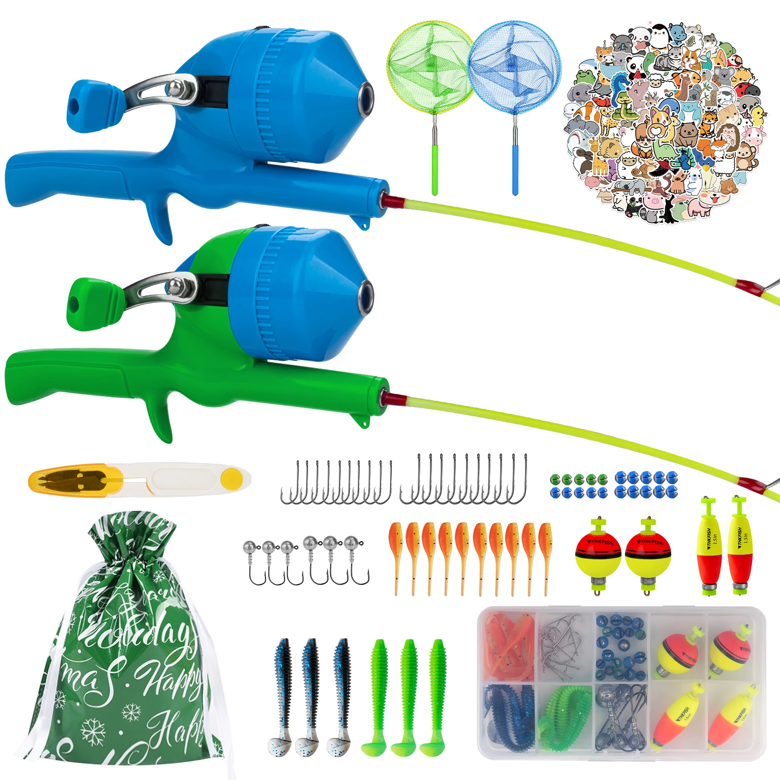 1pcs Kid Fishing Tackle Kit Fishing Rod Nets Floats Bobbers Lures Fishing  Sinkers Weights Hooks Jig Heads Animal Stickers Set