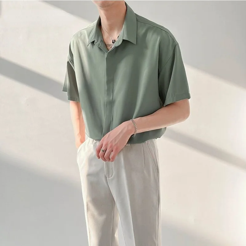 Summer Thin Short Sleeve Silk Shirt Men Top Quality Korean Fashion