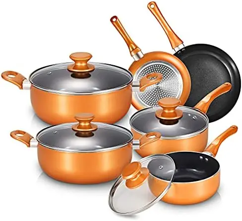 

Pieces Pots and Pans Set,Aluminum Cookware Set, Nonstick Ceramic Coating, Fry Pan, Stockpot with Lid, Copper and Black Plate for