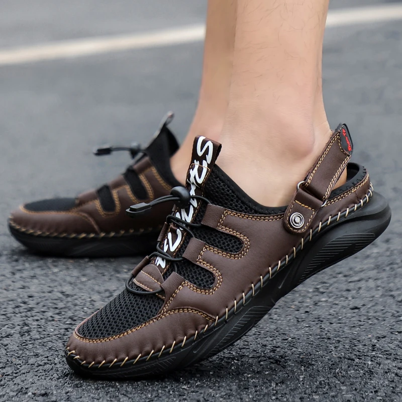 Summer Mens Sandals Leather Mesh Beach Outdoor Water Breathable Comfortable Slipper Rubber Classic Non-slip Big Size38-48