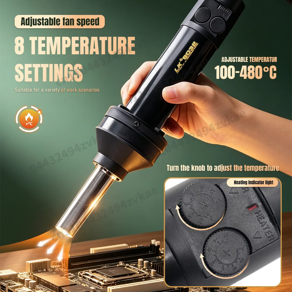 8032 열풍기 100-480 ℃ 8단계 속도 조절 휴대용 열풍기, PCB 휴대폰 및 노트북 수리용 노즐 포함 SMD 리워크 스테이션