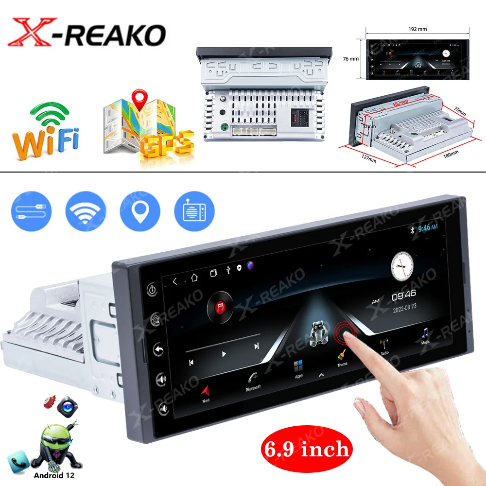 

REAKOSOUND 1 Din 6.9 inch Andriod 12 Car Multimedia Player GPS Navigation BT Wifi USB FM MirrorLink HD Car Audio Radio Stereo