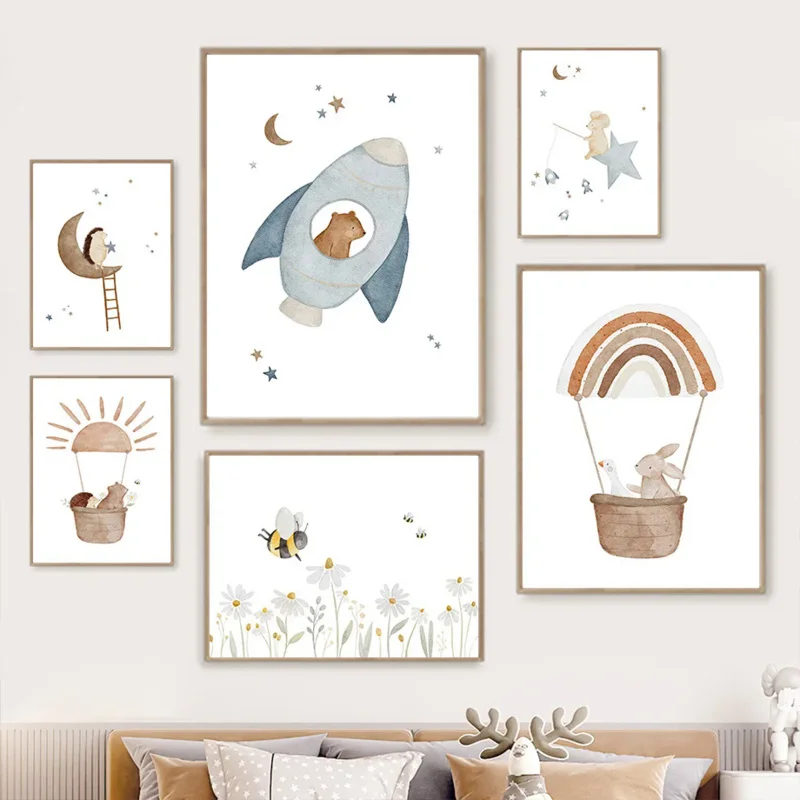 Boho Space Rocket Bear Rabbit Hedgehog Bee Flowers Poster Wall Art Print Canvas Painting Baby Kids Room Home Decoration