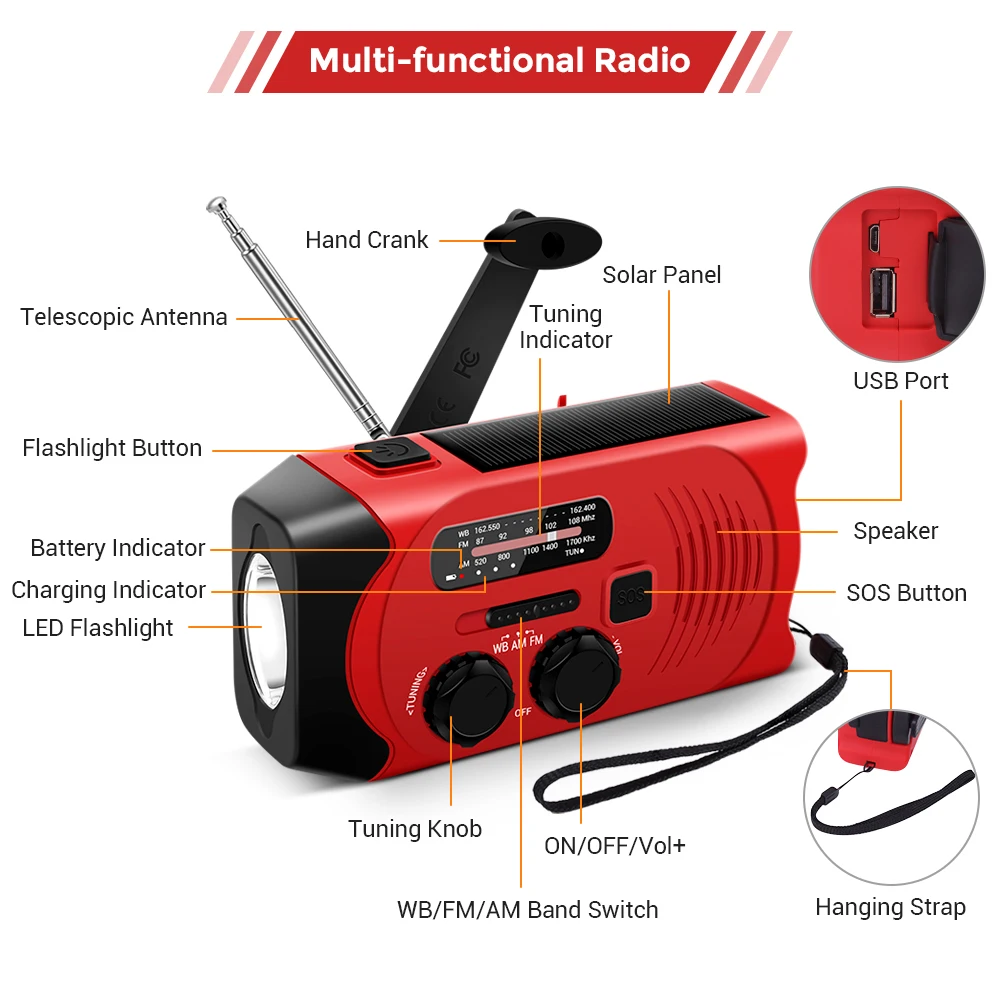 Camping Light Handheld Flashlight Bike Flashlight Mini Led Light Survival Signal Light Solar Powered Lamp Pocket Flashlight Mini Led Night Light Inspection Lamp Desktop Light Portable Solar Hand Crank Radio FM AM NOAA Weather Radio USB Charging Emergency LED Flashlight Power Bank Tactical 2000mAh