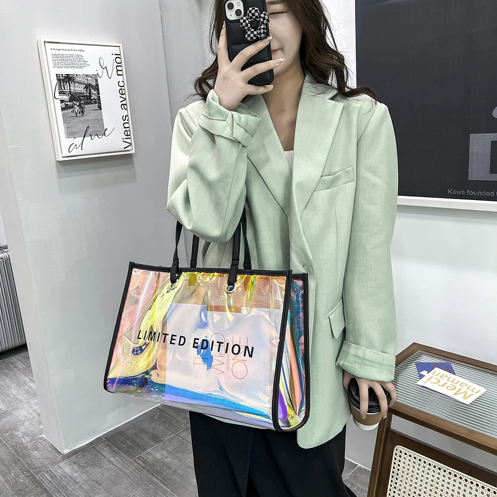 Fashion Women Clear Tote PVC Laser Waterproof Transparent Handbags Female Large Shopper Shoulder Bag Summer Beach Portable Pouch women's bags for work