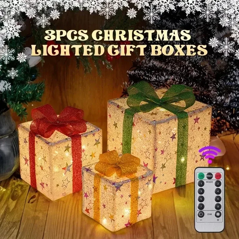 3PCS Christmas Gift Box Luminous Bow Holiday for Lighted Up Christmas Tree Holiday Party Christmas Decor Indoor Outdoor Decor