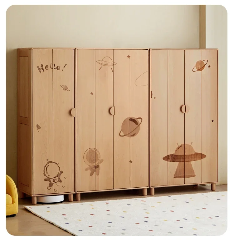 **Solid wood children's wardrobe simple bedroom cartoon locker large capacity European beech wardrobe