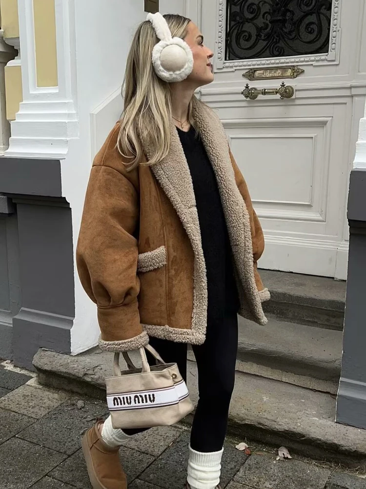 SLTNX Suede Lamb Wool Jackets for Women 2024 Winter Vintage Loose