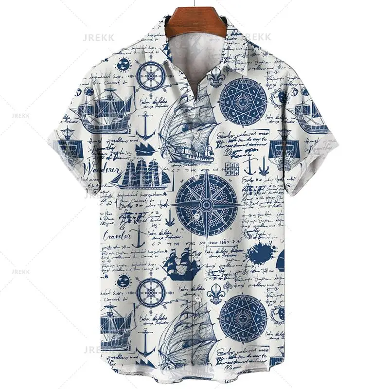 thumbnail image 1 of Camisa hawaiana retro unisex para hombre, camisa de talla grande, camisa retro con estampado 3D de velero y brújula marina, camisetas holgadas de manga corta para hombre, 1 of 5