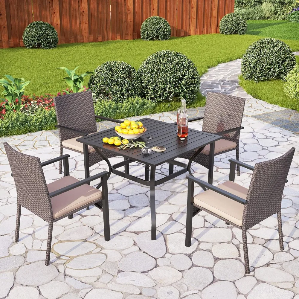 

5 Piece Outdoor Dining Set for 4, 37" Square Metal Dining Table & 4 Cushioned Rattan Wicker Chairs