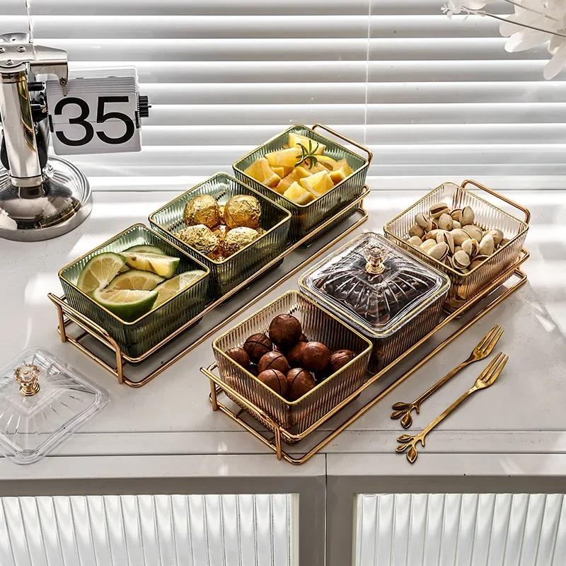 Transparent Square Dessert Jar Dish Grid Dried Fruit Salad Plate Snack Dishes Food Storage Preserved Tray Box Lid Bowl Tableware