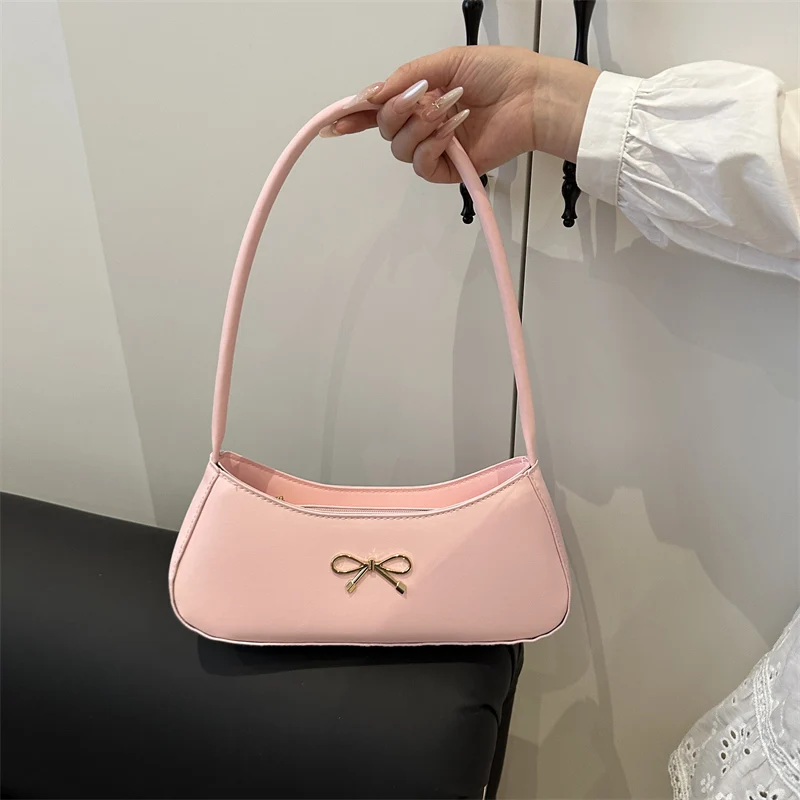 Women PU Bow Underarm Bag Stylish Armpit Bag Large Capacity Top Handle Bag Zip Closure Elegant Shoulder Purse Party Vacation Bag