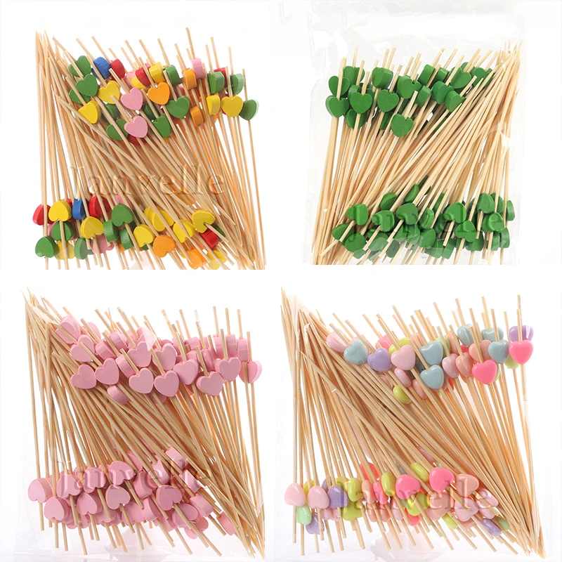 500PCS Fruit Toothpicks Love Heart Cocktail Sticks Disposable Bamboo