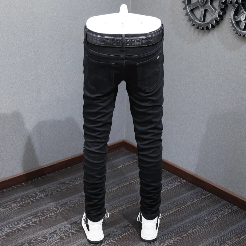 High Street Fashion Men's Jeans Vintage Black Wash Elastic Tight Split Jeans Men's Designer Hip Hop Brand Patch Pants