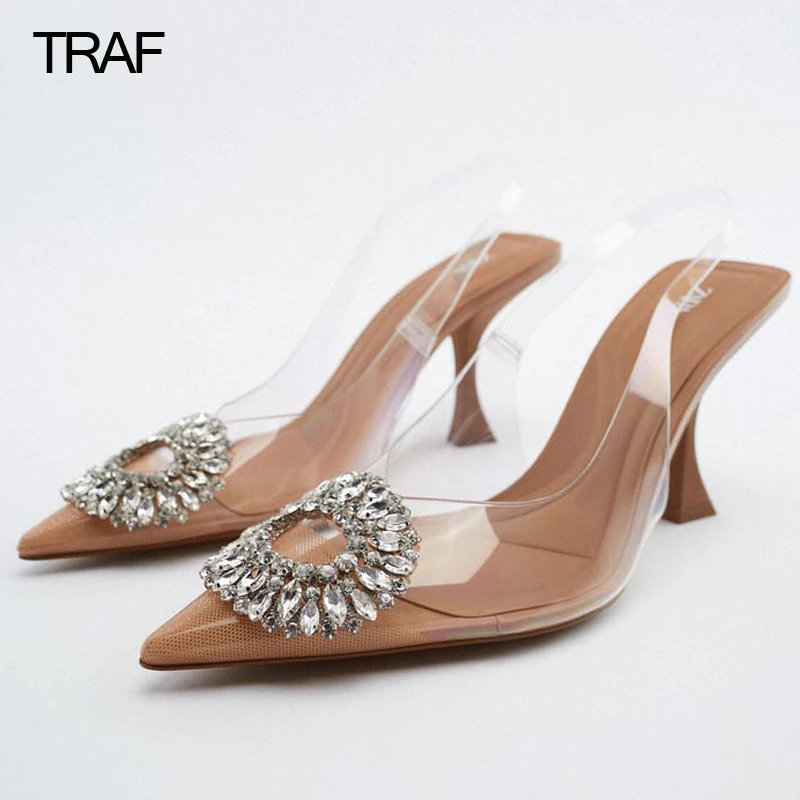 

TRAF Women Pumps Rhinestone High Heels 2023 Woman Transparent Heels Spring Summer Butterfly Heels Sandals Slingback Heeled Shoes