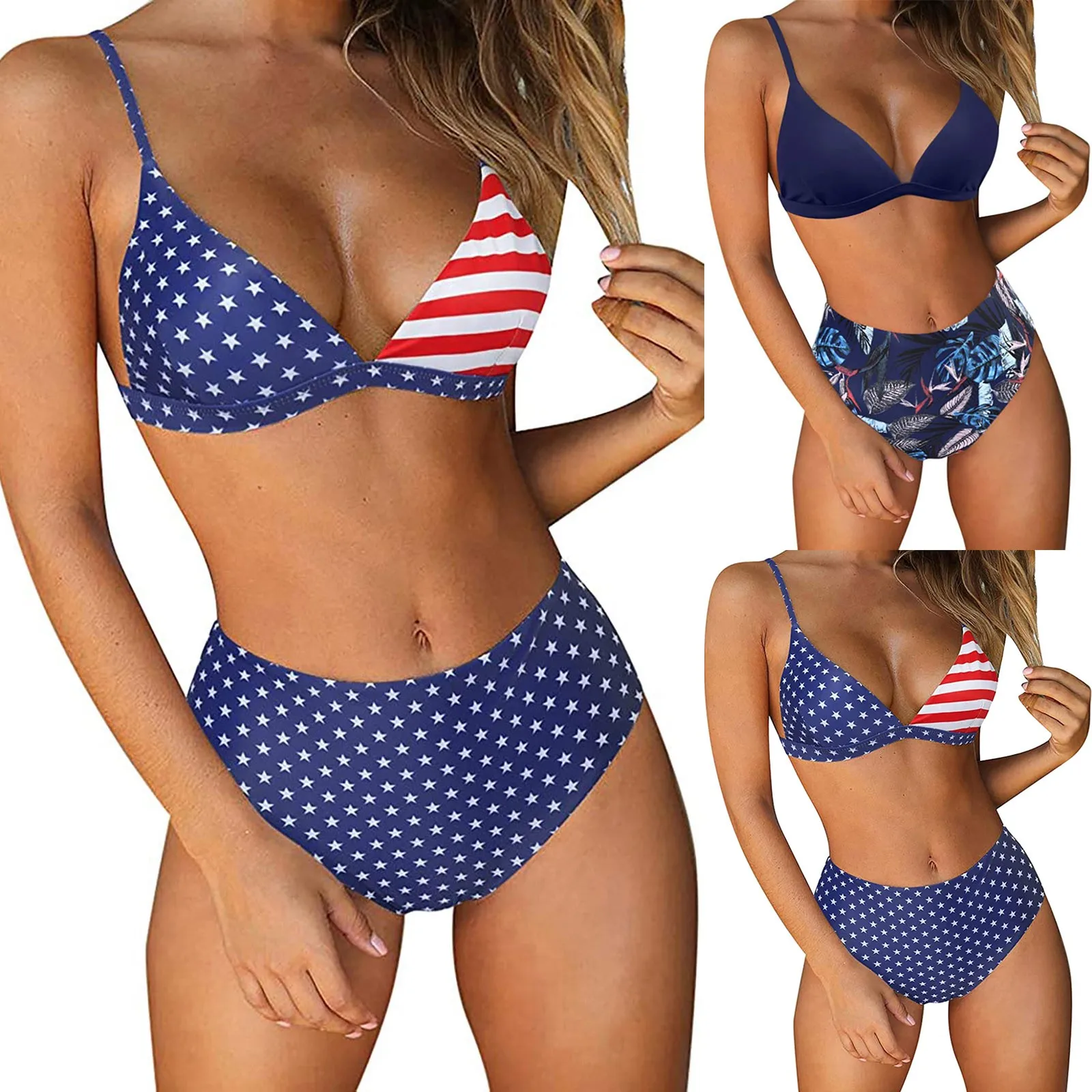 

2024 New Fashion Independence Day Printed Bikini Set Women'S Striped Padded Push Up 2 Piece Bikini Sets Swimsuits Beachweart