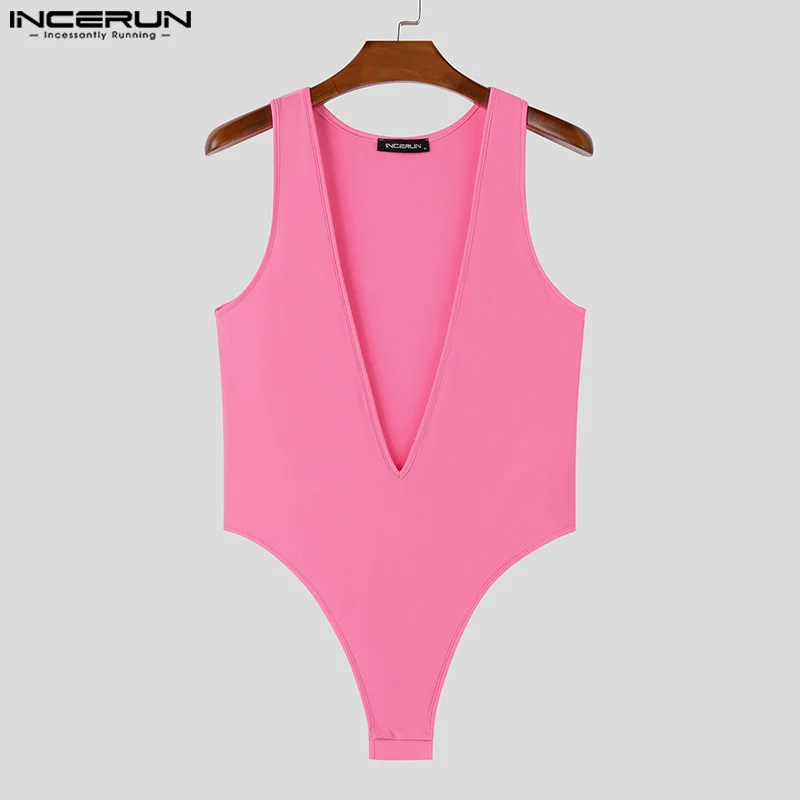 American Sexy Men Sleeveless Bodysuits Causal Solid Color Onesies Deep V-neck Comfortable Homewear Loungewear