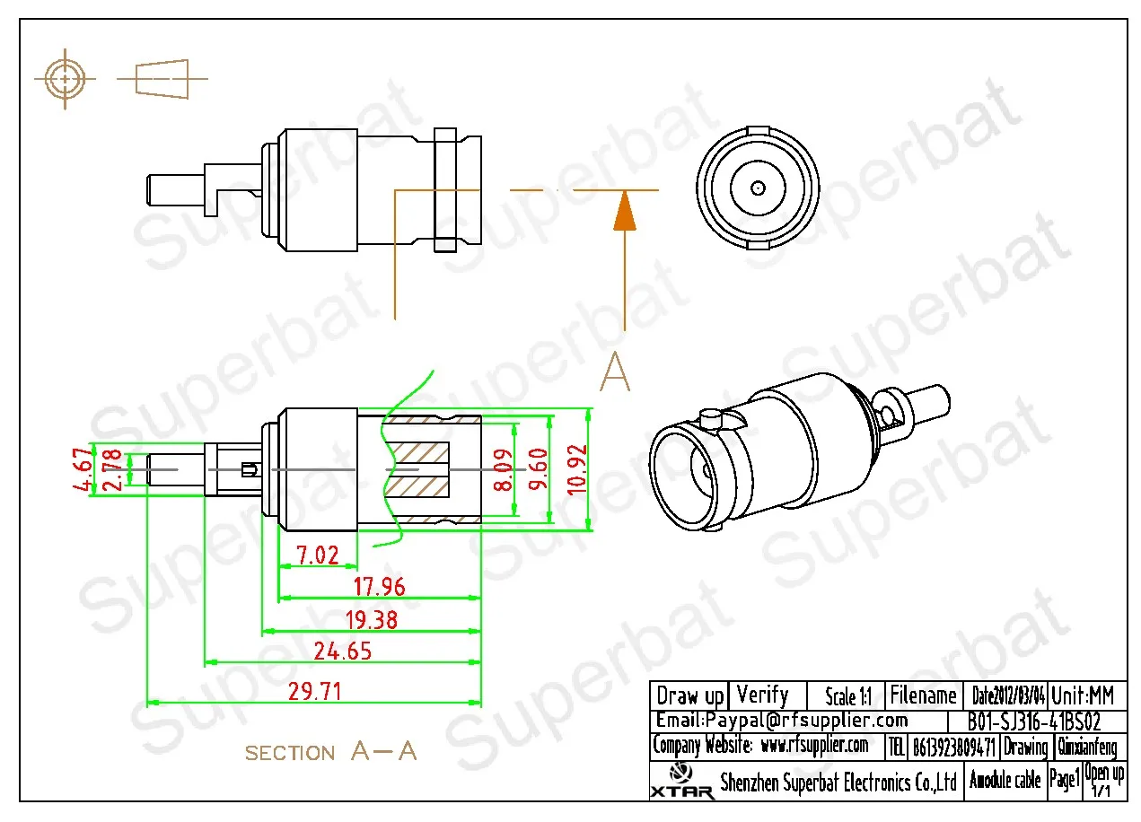 BNC Female Crimp RF Coaxial Connectors for RG316 Cable