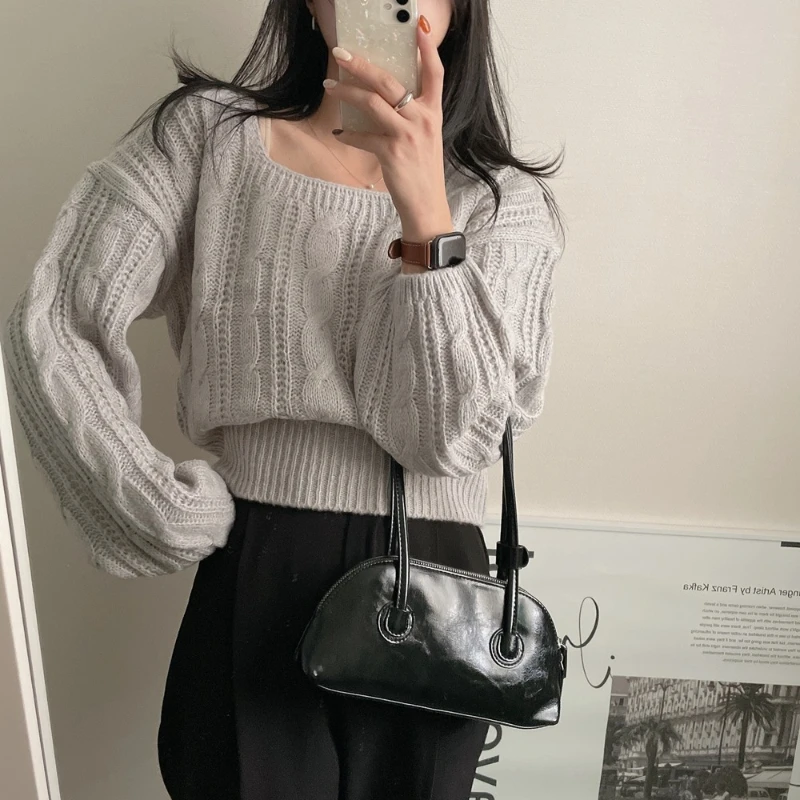 New Autumn and Winter Women's Lantern Sleeves Solid Color Square Neck Sweater Elegant Pullover Long-sleeved Knitted Sweater