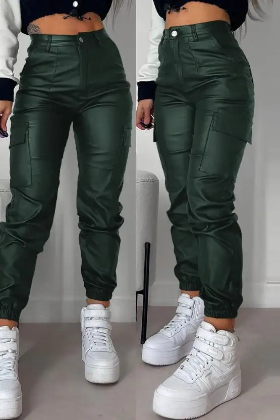 Women's Cargo Pants 2023 Fashion Street Trends Pocket Design Cuffed Y2k Tight PU Leather Trousers Autumn High Waist Pant Female