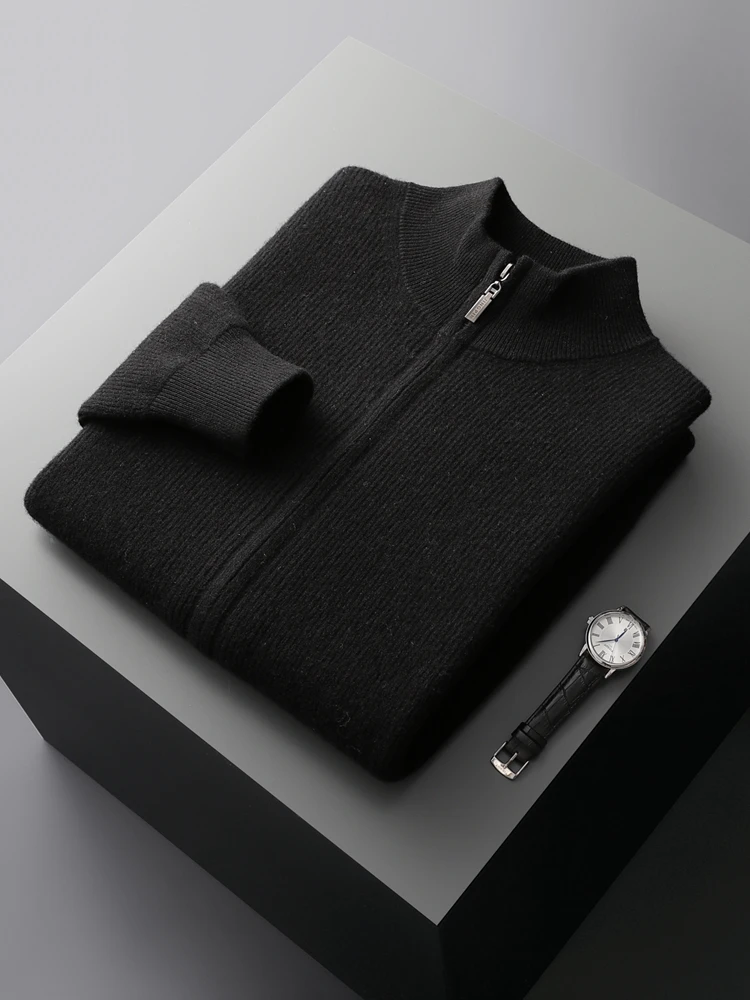 ADDONEE Autumn Winter Men Zipper Cardigan Mock Neck Thick Cashmere Sweater 100% Merino Wool Knitwear Smart Casual Sweater Coat 3
