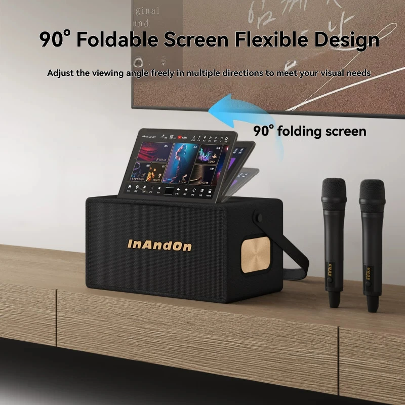 300W 휴대용 노래방 기계 10.1인치 접이식 스크린 15000mAh 배터리 6H UHF 무선 마이크, 블루투스 5.0, 야외/가정용 KTV