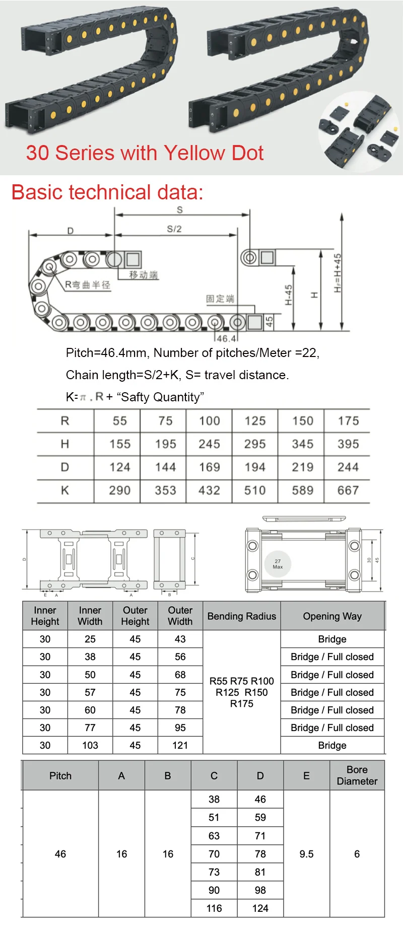 Transmissão Towline aprimorada para CNC, 1000mm, 30x38mm,