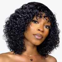 Perruque courte bouclée avec frange, 100% cheveux humains, pour femmes, cheveux brésiliens Remy 4C, Jerry Curl, sans colle, usage quotidien, couleur naturelle 5