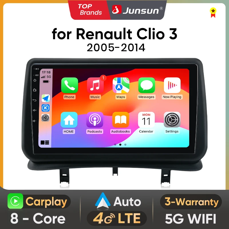 Autoradio multimédia Junsun avec CarPlay et Android Auto sans fil pour Renault Clio, système intelligent, stéréo, GPS, navigation