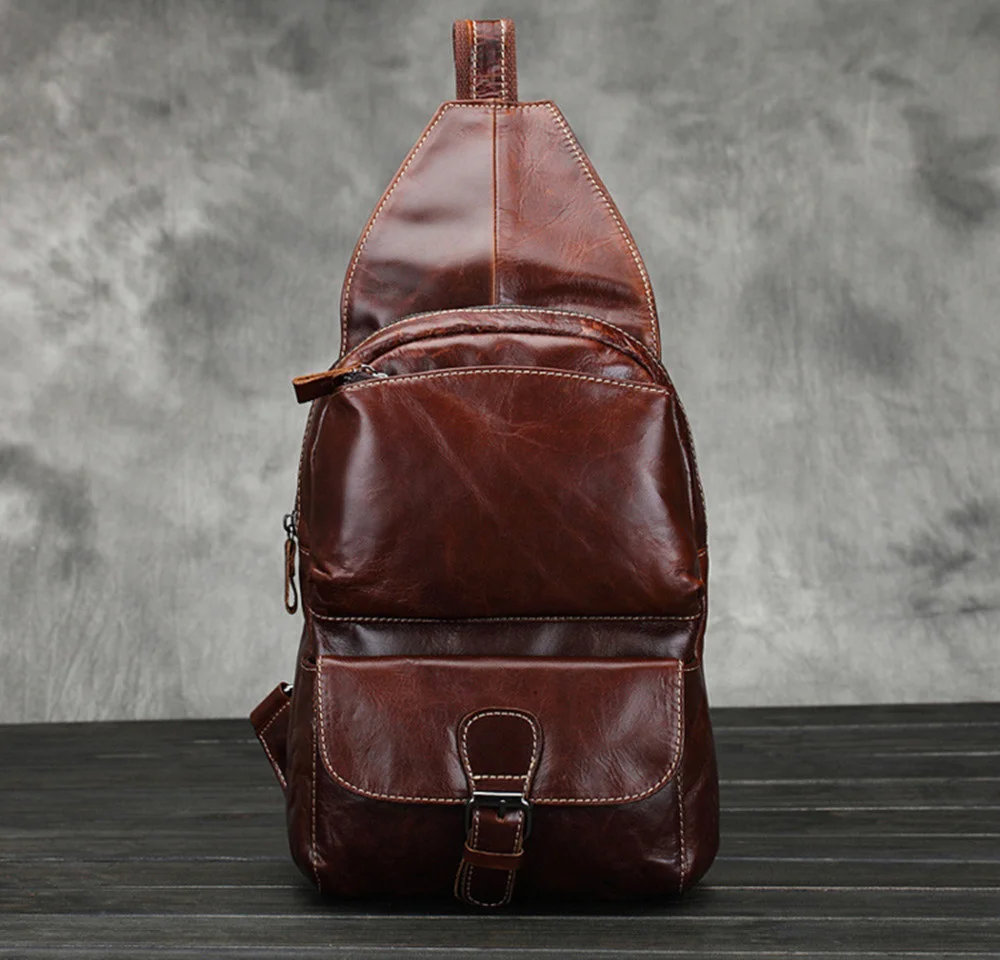 Men Oil Wax Genuine Leaher Chest Shoulder Bag Travel Belt Buckle Travel Vintage High Capacity Cowhide Sling Rucksack Backpack