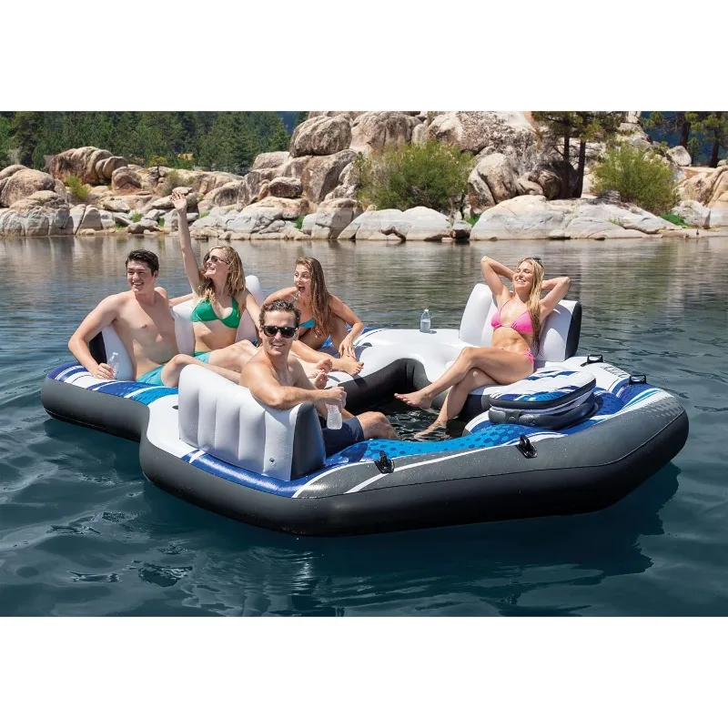 Intex Blue Tropic Inflatable 5 Person Raft or Swimming Pool Island Water Floating Lounger Raft with Backrests, Built in Cooler 5