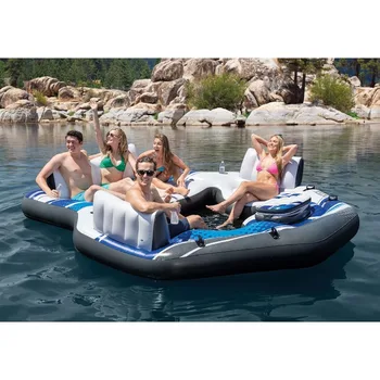 Intex Blue Tropic Inflatable 5 Person Raft or Swimming Pool Island Water Floating Lounger Raft with Backrests, Built in Cooler 5