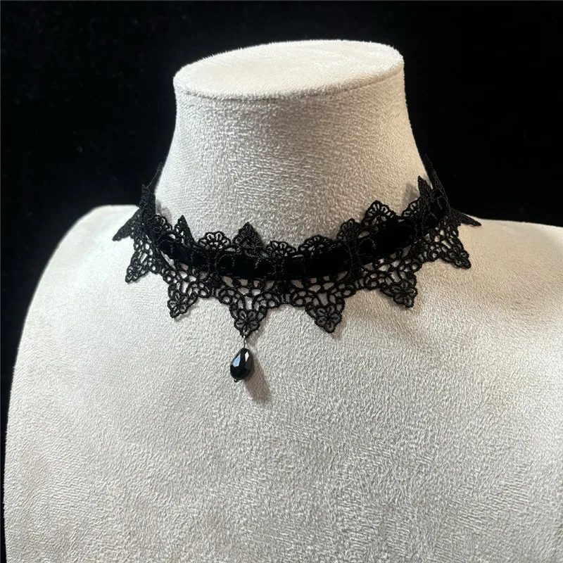 2026 New Sexy Lace Flower Necklace for Women Gothic Punk Velvet Collar Choker Black Waterdrop Pendent Necklace Strap Bow Jewelry