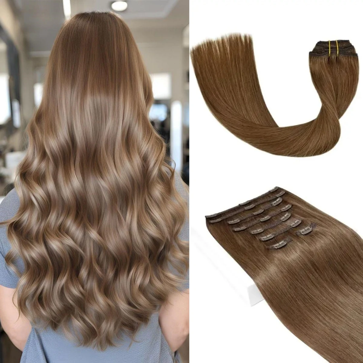 Straight Clip In Hair Extensions Medium Light Brown Color #6 Brazilian Human Hair Clip Ins 8Pcs Extensions 240G Per Pack