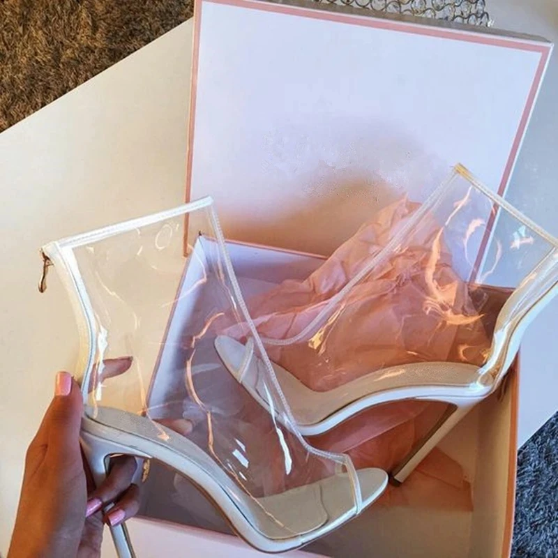 

Summer Sexy Transparent PVC Fish Toe Ankle Boots Hemmed Stiletto High Heels Women Street Fashion Clear Short Bottines