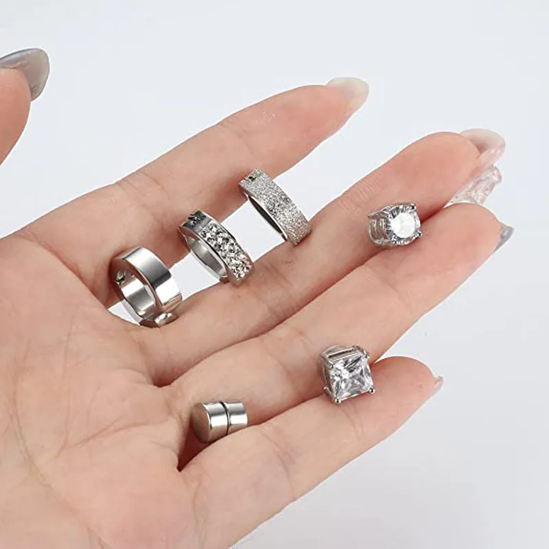 1 Pair/6 Pairs Stainless Steel Magnetic Stud Hoop Ear Clip Earrings for Men Women Clip On CZ Non-Piercing All Ages