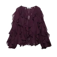 DUOPERI Women Fashion Solid Ruffled Blouse Vintage V-Neck Long Sleeves Female Chic Lady Shirts - Image 6