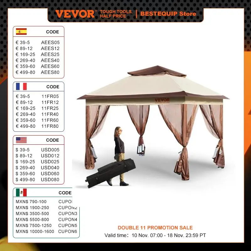 VEVOR 11x11ft/10x10ft/10x13ft Portable Gazebo PU Coated 250D Garden Market Waterproof Collapsible Canopy Party Tent for Outdoor