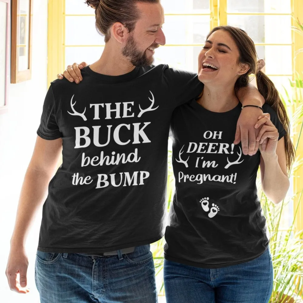 

Christmas Pregnancy Announcement T Shirt Couple Matching Tees Tops Oh Deer I'm...The Buck Behind Print Shirts
