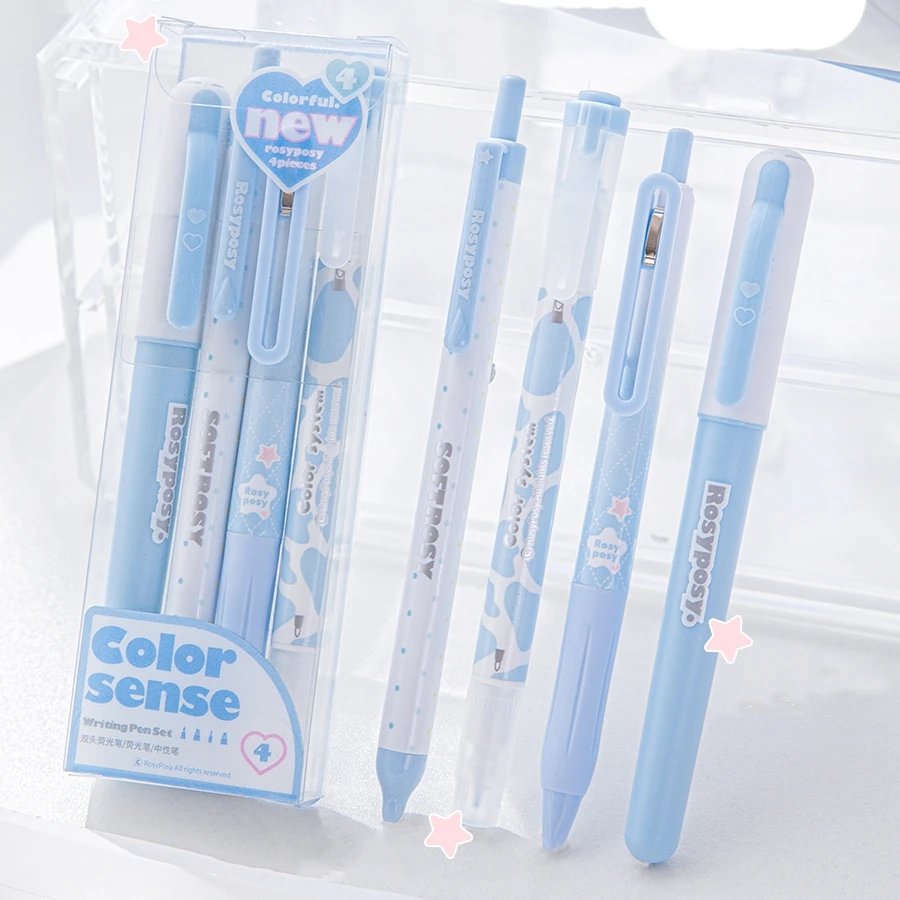 

4pc Color Sense Writing Pen Set Cream Highlighter Black Ink Gel Pen Marker Liner Double Headed Fluorescent Pen Kawaii Stationery