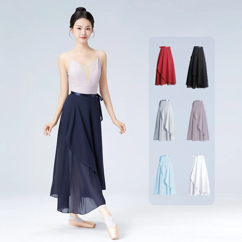 Dance Skirt Women Long Chiffon Ballet Skirts Adult Ballroom Dance Skirt Black Burgundy Ballet Costume Waist Tie Dress