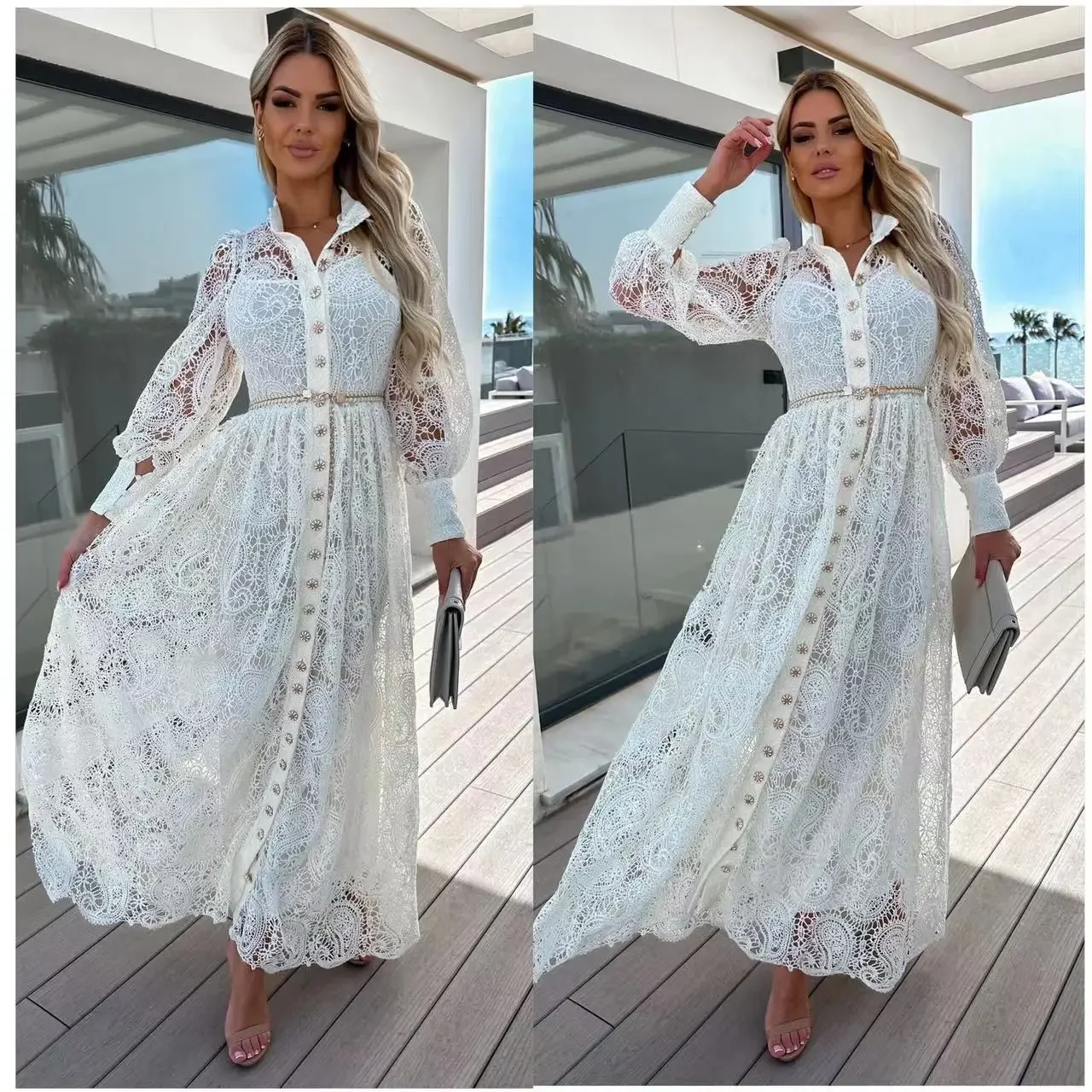 

Autumn Lace Hollow Out Versatile Casual Lace Up Long Shirt Dress for Women
