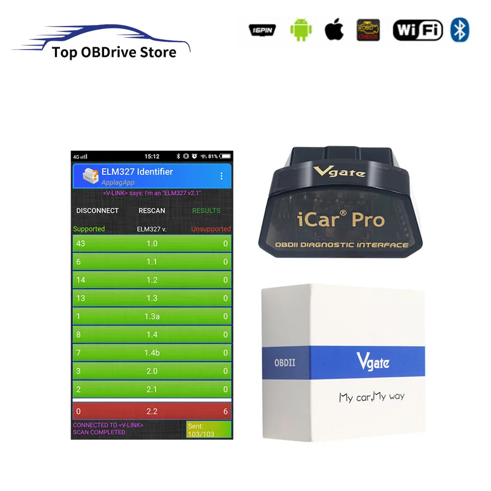 Originale Vgate Icar Pro Elm327 V2.2 Bluetooth 4.0 Elm327 Wifi Per Ios/Android Obd2 Strumento Diagnostico Per Auto Potente E Mini Elm327