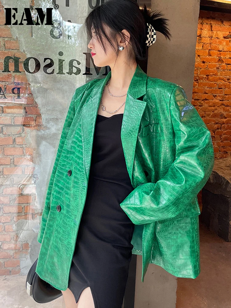 

[EAM] Women Green Pu Leather Big Size Blazer New Lapel Long Sleeve Loose Fit Jacket Fashion Tide Spring Autumn 2023 1DE2289
