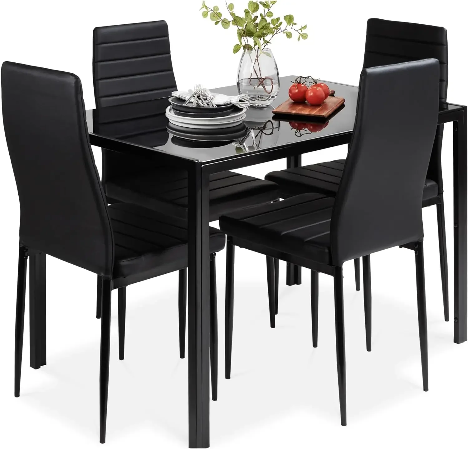 Glass Dining Set Modern Kitchen Table Furniture for Dining Room Dinette Compact Space-Saving w/Glass Tabletop PU Chairs