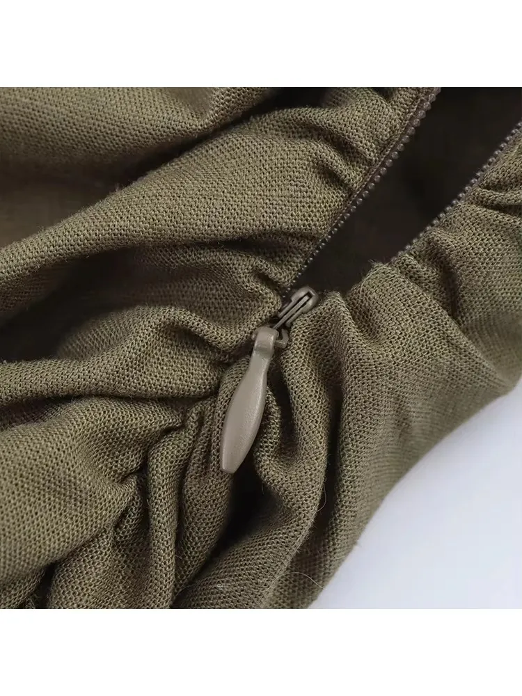 TFMLN 2025 Chic Women's Solid Folds Dresses Fashion Lapel Short Sleeve Single Breasted Slim Causal Dress Retro Side Zipper Dress