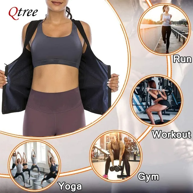 Qtree Women Sweat Sauna Suits Compression Body Shaper Belly Trimmer Vest Waist Trainer Corset Slimming Zipper Jacket Workout Top 5